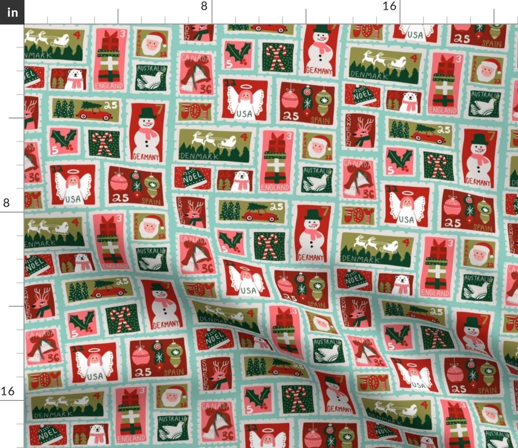 christmas postage stamps - vintage style christmas stamps - holiday stamps - snowman fabric, father christmas- light mint