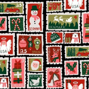 christmas stamp 5christmas postage stamps - vintage style christmas stamps - holiday stamps - snowman fabric, father christmas- black