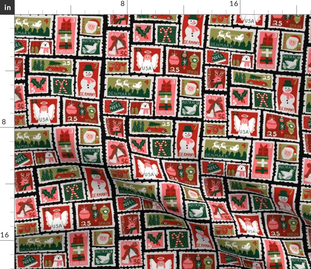 christmas stamp 5christmas postage stamps - vintage style christmas stamps - holiday stamps - snowman fabric, father christmas- black