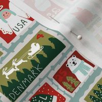 christmas postage stamps - vintage style christmas stamps - holiday stamps - snowman fabric, father christmas- light blue