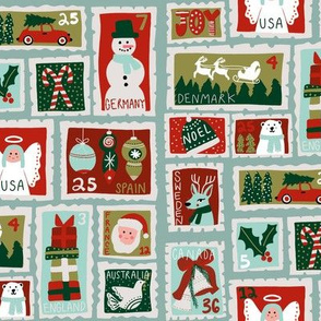 christmas postage stamps - vintage style christmas stamps - holiday stamps - snowman fabric, father christmas- light blue