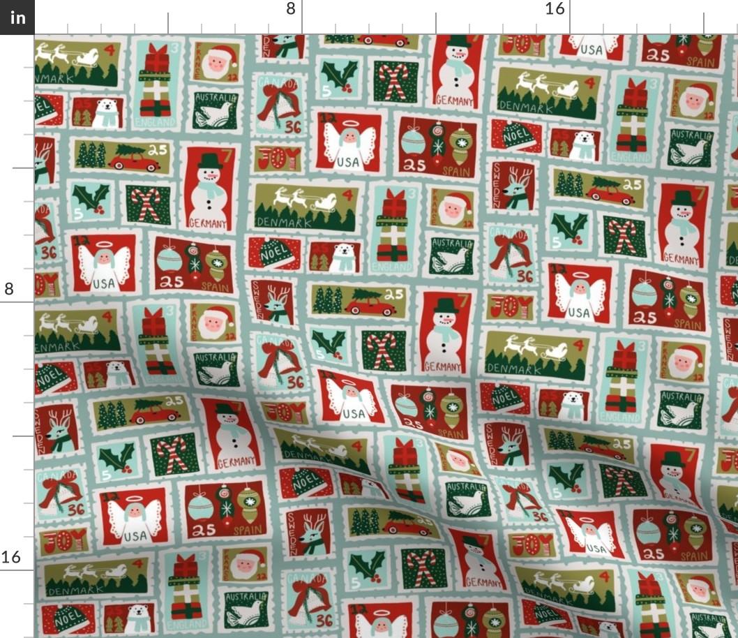 christmas postage stamps - vintage style christmas stamps - holiday stamps - snowman fabric, father christmas- light blue