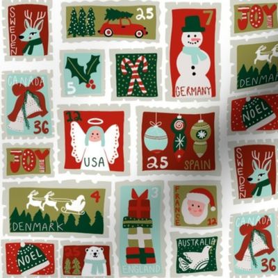 christmas postage stamps - vintage style christmas stamps - holiday stamps - snowman fabric, father christmas- white and mint