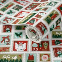 christmas postage stamps - vintage style christmas stamps - holiday stamps - snowman fabric, father christmas- white and mint