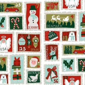 christmas postage stamps - vintage style christmas stamps - holiday stamps - snowman fabric, father christmas- white and mint