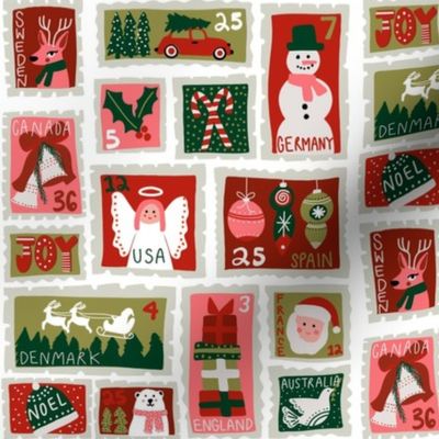 christmas postage stamps - vintage style christmas stamps - holiday stamps - snowman fabric, father christmas-white