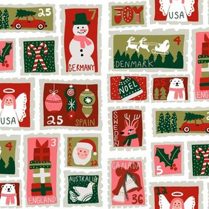 christmas postage stamps - vintage style christmas stamps - holiday stamps - snowman fabric, father christmas-white