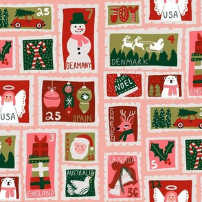 christmas postage stamps - vintage style christmas stamps - holiday stamps - snowman fabric, father christmas- pink