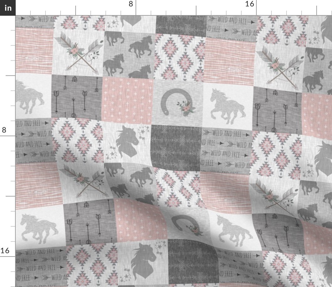 3” boho horse quilt - pink and grey