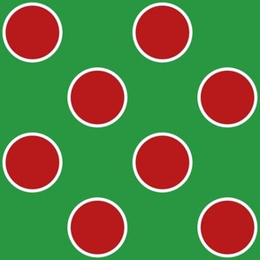 large polka dots  red and white on green