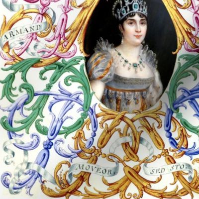 Empress Josephine first wife of Napoleon french France Queen Regency era crowns tiara  high-waisted Empire silhouette princess Neoclassical herald coat of arms emeralds Victorian  flourish medallion ornate filigree lavish bows frame border beauty 19th Cen