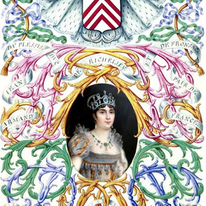 Empress Josephine first wife of Napoleon french France Queen Regency era crowns tiara  high-waisted Empire silhouette princess Neoclassical herald coat of arms emeralds Victorian  flourish medallion ornate filigree lavish bows frame border beauty 19th Cen