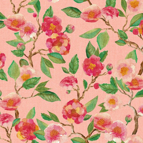 Vintage Japanese Camellias. Deep Pink on Beige Wrapping Paper by mm gladden