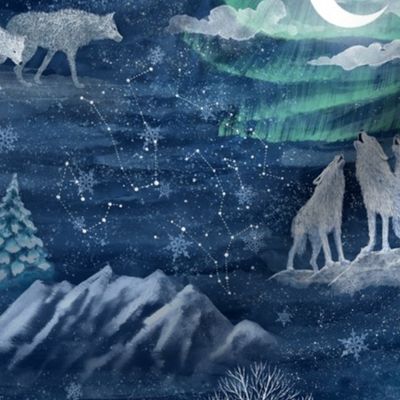 Wolfsmond, sibirian wolves in an arctic moon night with aurea boralis, Barnowl, aurora borealis, Snowflakes and stars