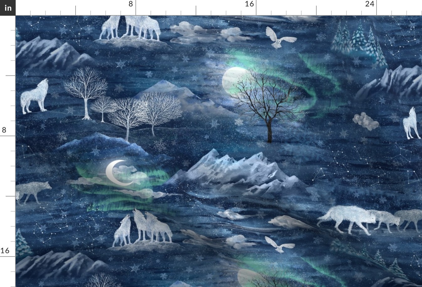 Wolfsmond, sibirian wolves in an arctic moon night with aurea boralis, Barnowl, aurora borealis, Snowflakes and stars