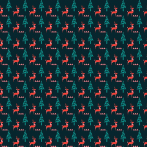 Scandinavian Reindeer in woodland- Abstract Geometric Doe with Christmas Trees- Dark Blue/Teal/Coral/Light Watermelon Pink- Ditsy Scale