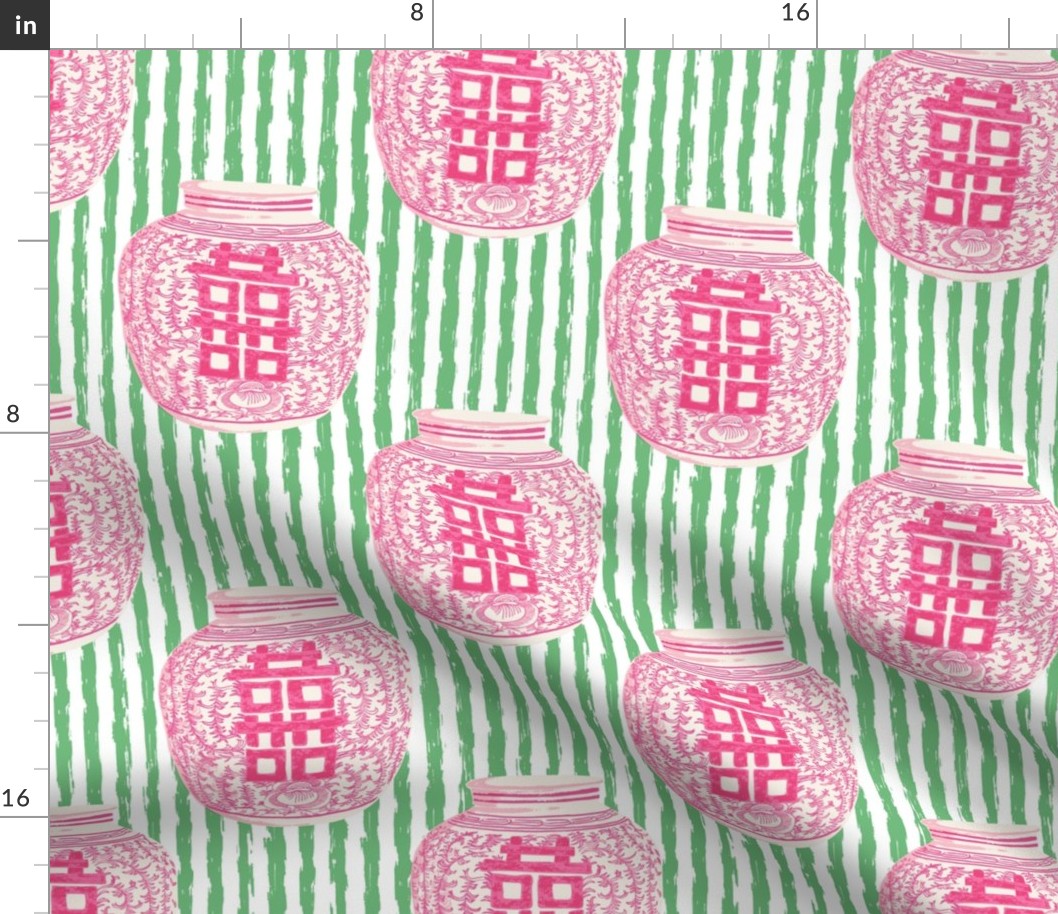 pink ginger jar on sketchy bright green stripes