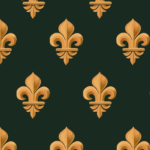  Fleur-de-lis, geometric bas-relief. Vintage gold and deep green  pattern