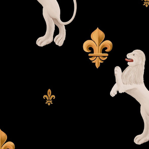 Fleur-de-lis and lion geometric bas-relief. Vintage design in medieval tapestries style.