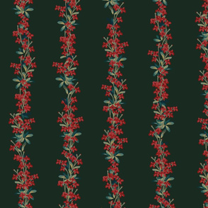 Drawn summer red flowers pattern. Illustration in medieval tapestries style on deep green background