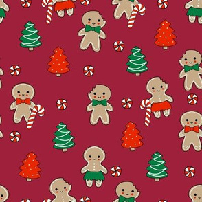 gingerbread people - gingerbread cookies, sweets fabric, cute fabric, holiday fabric, xmas fabric, gingerbread fabrics - burgundy