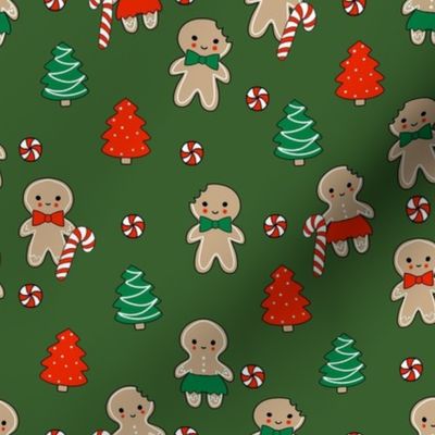 gingerbread people - gingerbread cookies, sweets fabric, cute fabric, holiday fabric, xmas fabric, gingerbread fabrics - dark green