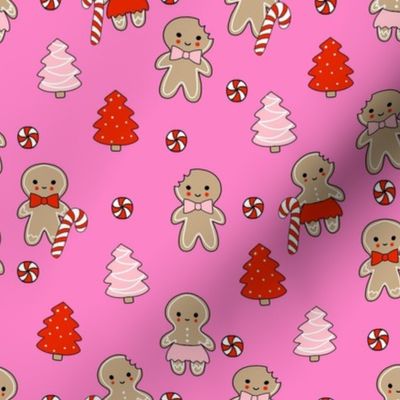 gingerbread people - gingerbread cookies, sweets fabric, cute fabric, holiday fabric, xmas fabric, gingerbread fabrics - hot pink