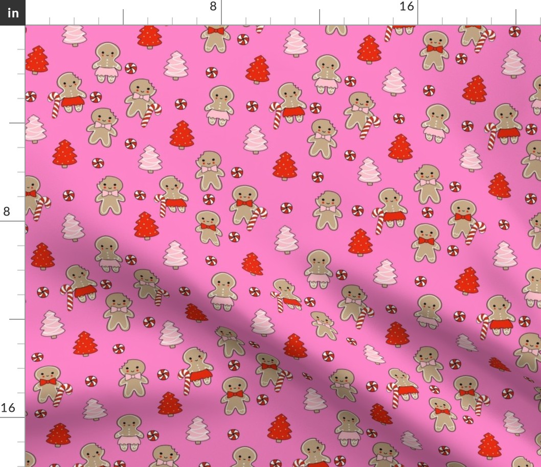 gingerbread people - gingerbread cookies, sweets fabric, cute fabric, holiday fabric, xmas fabric, gingerbread fabrics - hot pink