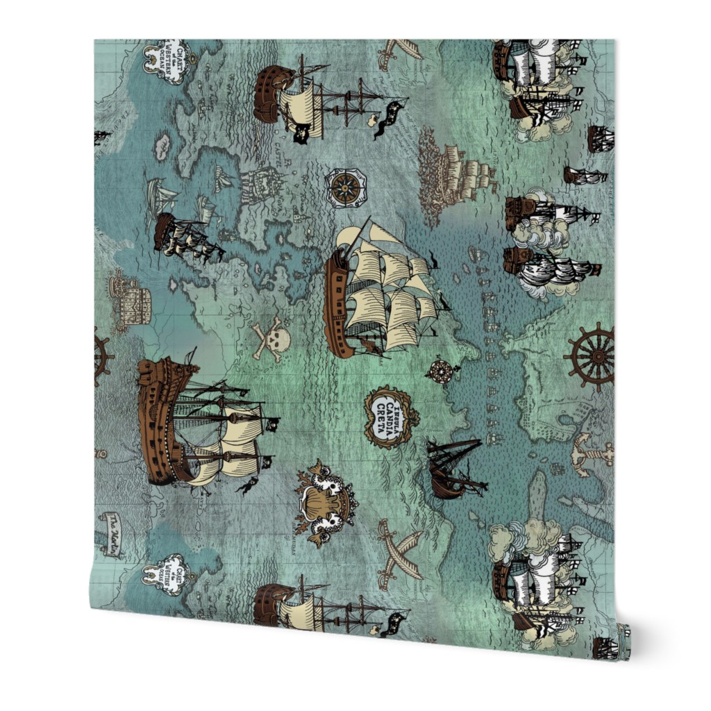 Pirate Ships Map Blue Big Repeat Sideways