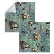 Pirate Ships Map Blue Big Repeat Sideways