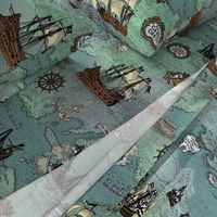 Pirate Ships Map Blue Big Repeat Sideways