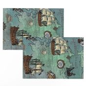 Pirate Ships Map Blue Big Repeat Sideways