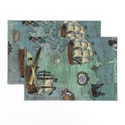 Pirate Ships Map Blue Big Repeat Sideways