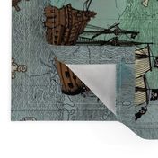Pirate Ships Map Blue Big Repeat Sideways