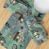 Pirate Ships Map Blue Big Repeat Sideways