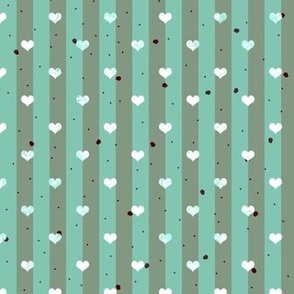 Hearts white and teal on vertical stripes grey and teal turquoise green with dots and texture