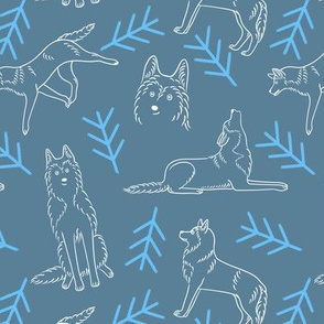 Minimalistic Huskies Pattern (Blue-Grey Background)