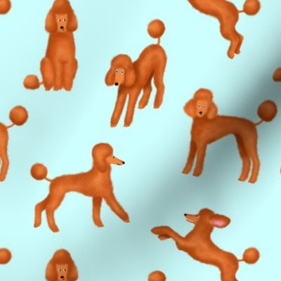 Red Poodles on Light Blue Background