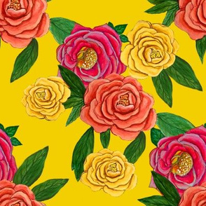 yellow floral with pink, coral and yellow peony flowers