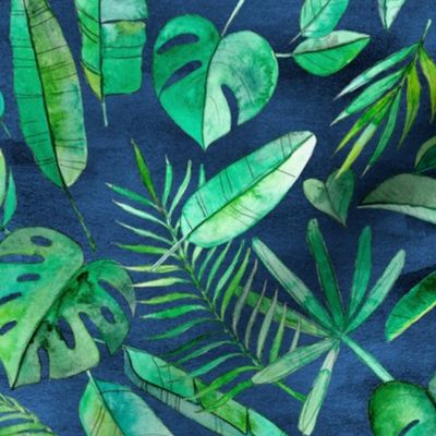 Emerald Tropical Leaf Scatter on textured Navy Blue - large