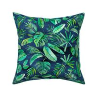 Emerald Tropical Leaf Scatter on textured Navy Blue - large