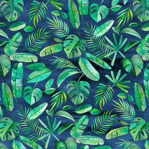 Emerald Tropical Leaf Scatter on textured Navy Blue - large