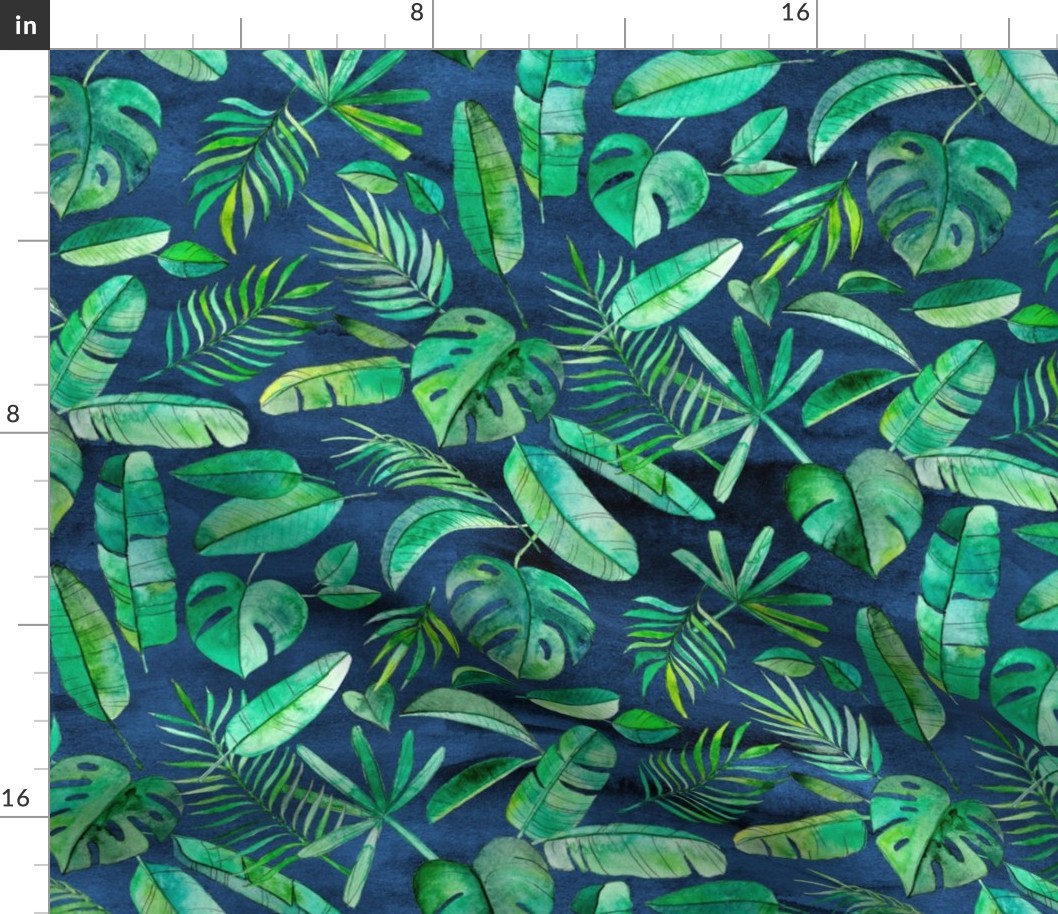Emerald Tropical Leaf Scatter on textured Navy Blue - large