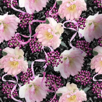 Hellebore Ribbons and Mulberry Berries on Black Frost