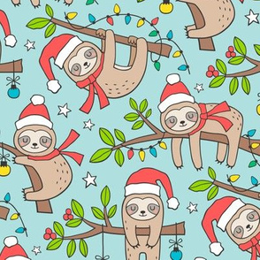Christmas Holidays Winter Sloths on Light Blue