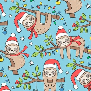 Christmas Holidays Winter Sloths on Blue