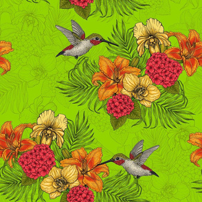 Hummingbirds and tropical bouquet, green bg
