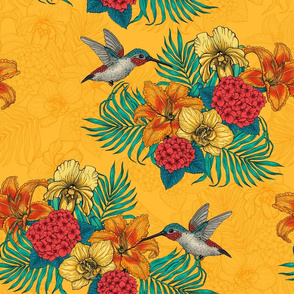 Hummingbirds and tropical bouquet, yellow bg