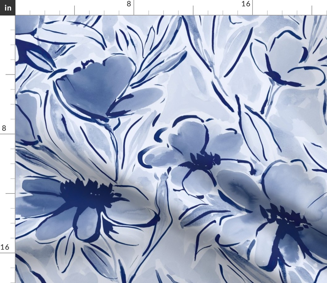 Painterly watercolor floral indigo large scale