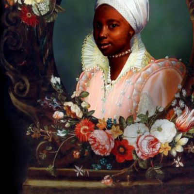 3 victorian baroque renaissance portraits tudor black woman girl teenager lady african descent POC people of color WOC headdress head wrap bows flowers floral roses ornate colorful flourish  Queen Elizabeth 1 inspired princess  medallion frames border ora